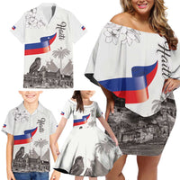 Haiti Citadelle Laferriere Family Matching Off Shoulder Short Dress and Hawaiian Shirt Hispaniolan Trogon and Plumeria - Wonder Print Shop