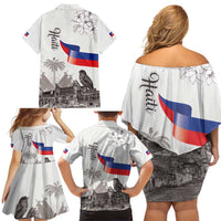 Haiti Citadelle Laferriere Family Matching Off Shoulder Short Dress and Hawaiian Shirt Hispaniolan Trogon and Plumeria - Wonder Print Shop