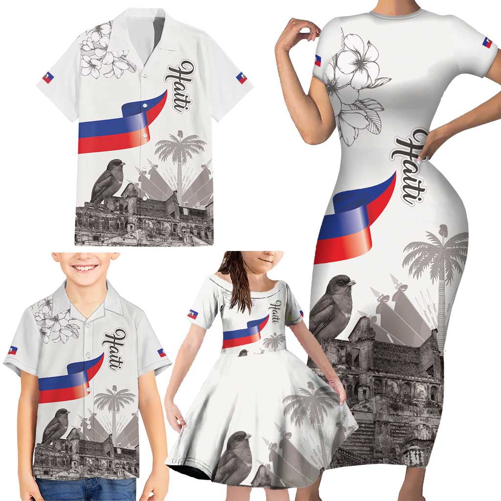 Haiti Citadelle Laferriere Family Matching Short Sleeve Bodycon Dress and Hawaiian Shirt Hispaniolan Trogon and Plumeria - Wonder Print Shop