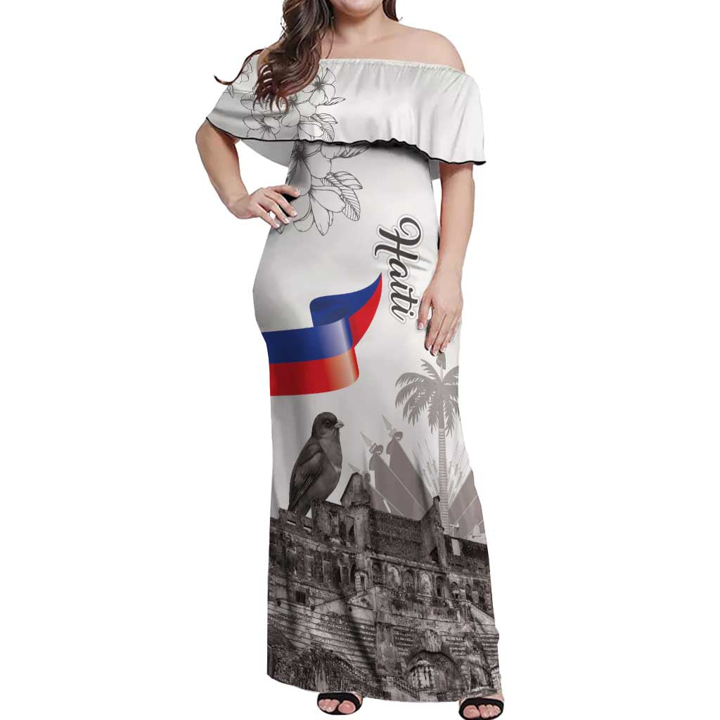 Haiti Citadelle Laferriere Off Shoulder Maxi Dress Hispaniolan Trogon and Plumeria - Wonder Print Shop