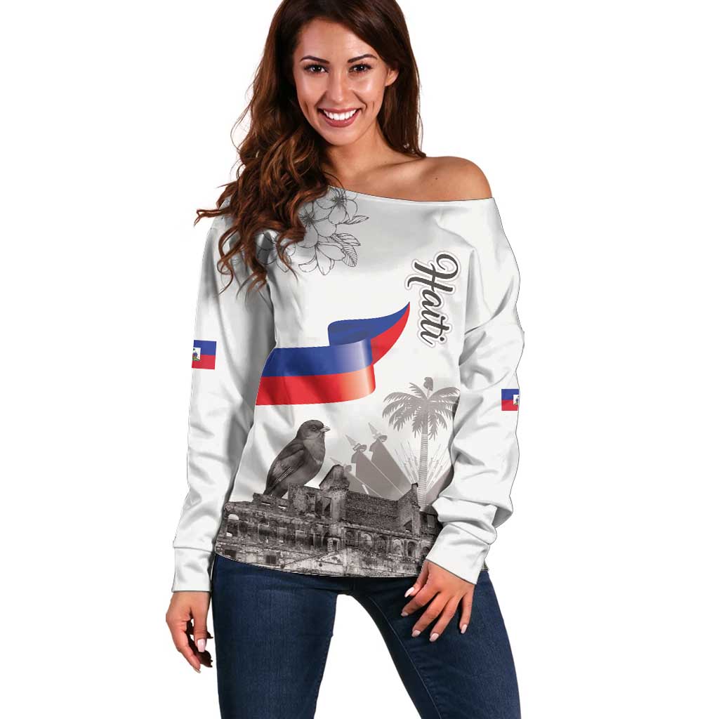 Haiti Citadelle Laferriere Off Shoulder Sweater Hispaniolan Trogon and Plumeria - Wonder Print Shop