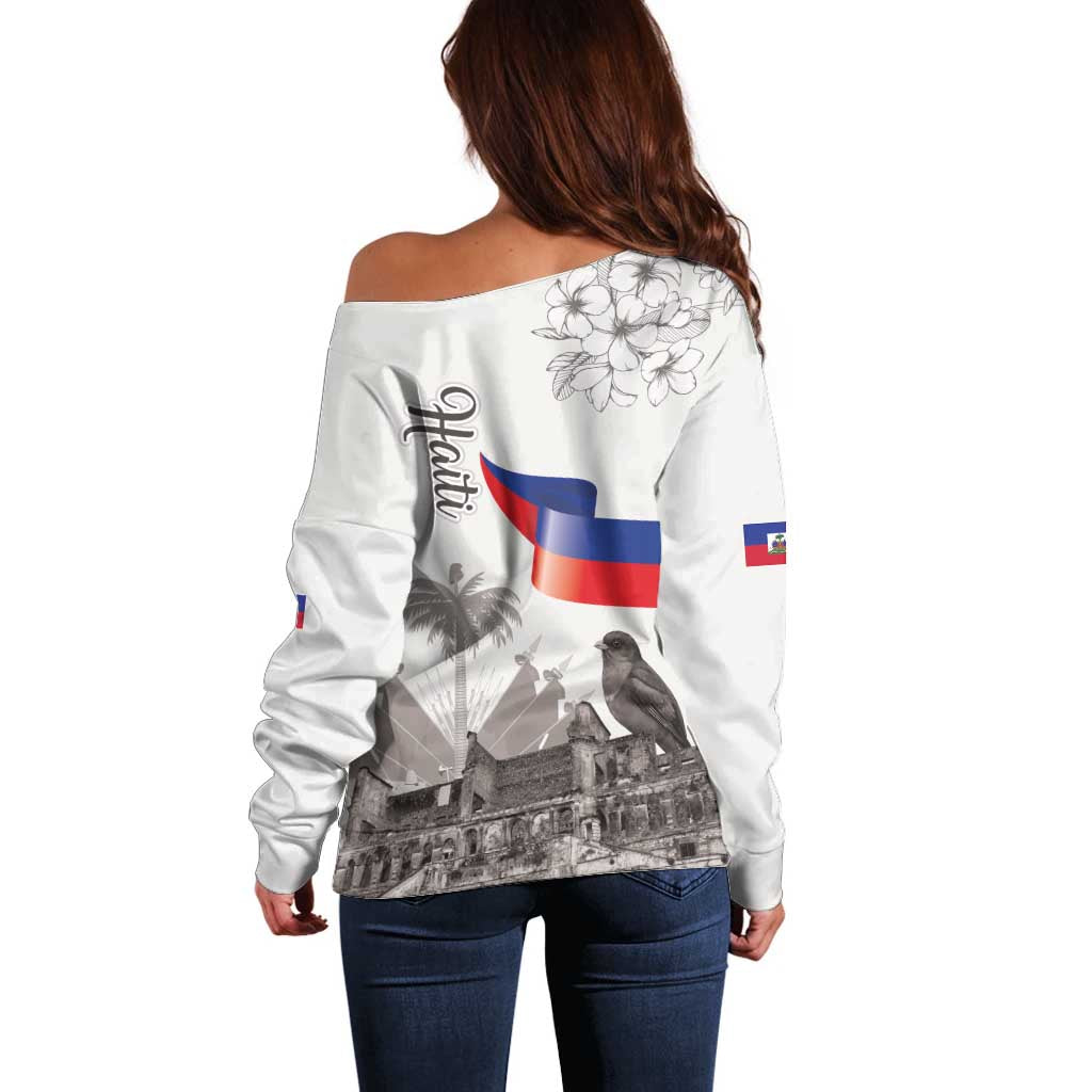 Haiti Citadelle Laferriere Off Shoulder Sweater Hispaniolan Trogon and Plumeria - Wonder Print Shop