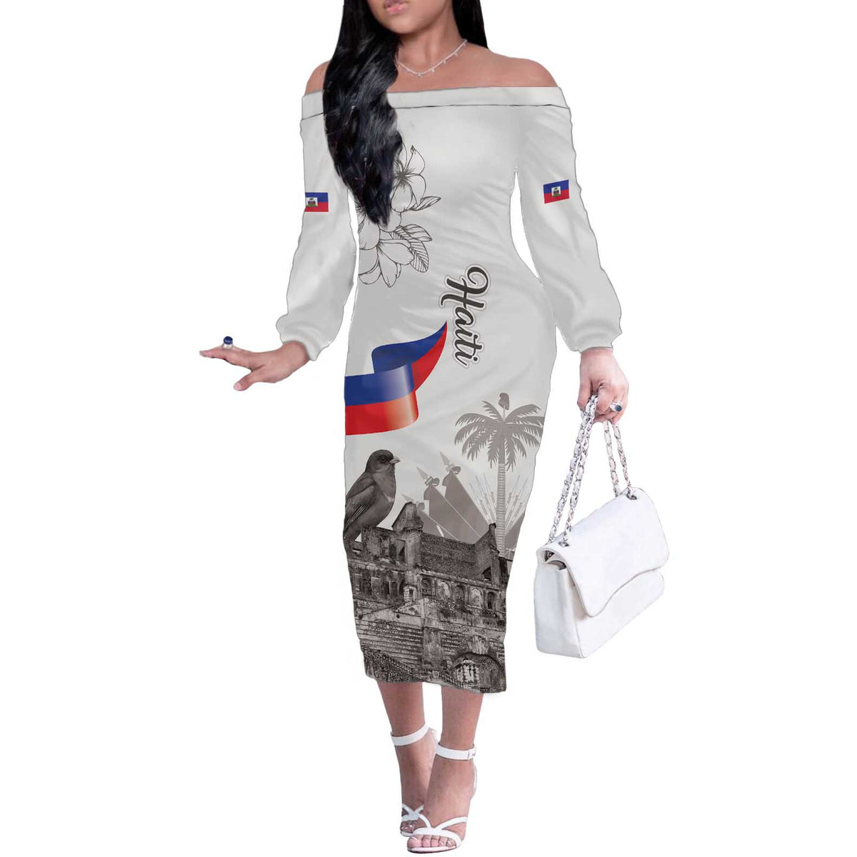 Haiti Citadelle Laferriere Off The Shoulder Long Sleeve Dress Hispaniolan Trogon and Plumeria - Wonder Print Shop
