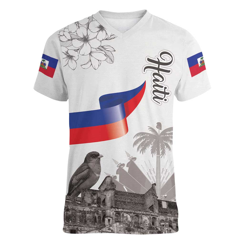 Haiti Citadelle Laferriere Women V-Neck T-Shirt Hispaniolan Trogon and Plumeria - Wonder Print Shop