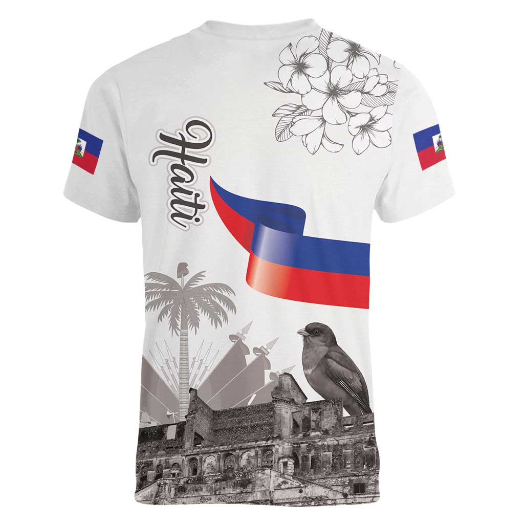 Haiti Citadelle Laferriere Women V-Neck T-Shirt Hispaniolan Trogon and Plumeria - Wonder Print Shop