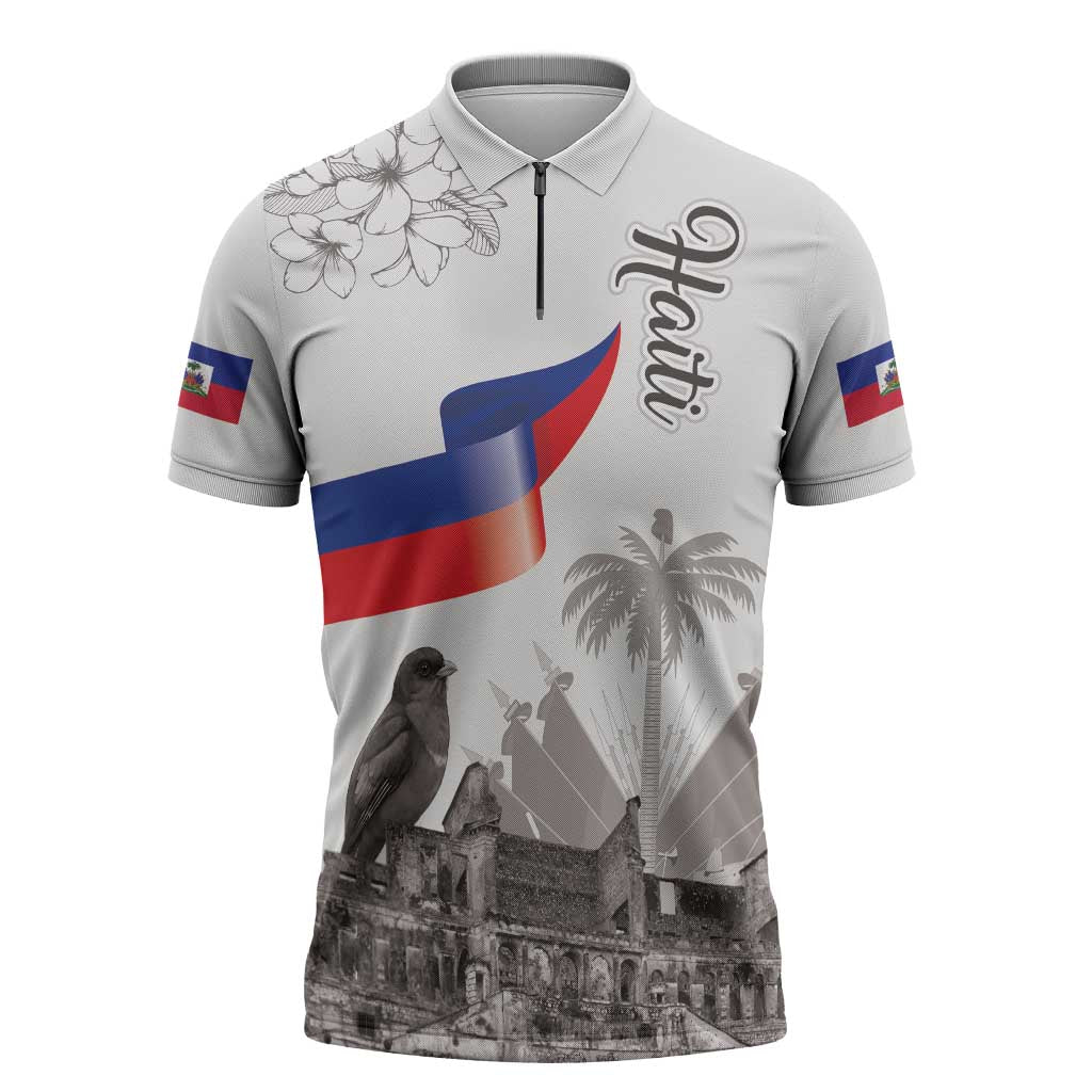 Haiti Citadelle Laferriere Zipper Polo Shirt Hispaniolan Trogon and Plumeria - Wonder Print Shop