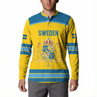 Sweden Ice Hockey Custom Button Sweatshirt Swedish Coat of Arms Design