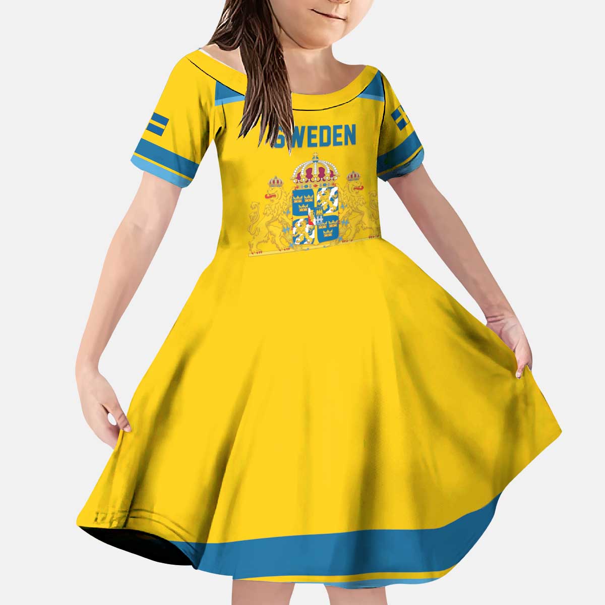 Sweden Ice Hockey Custom Kid Short Sleeve Dress Swedish Coat of Arms Design