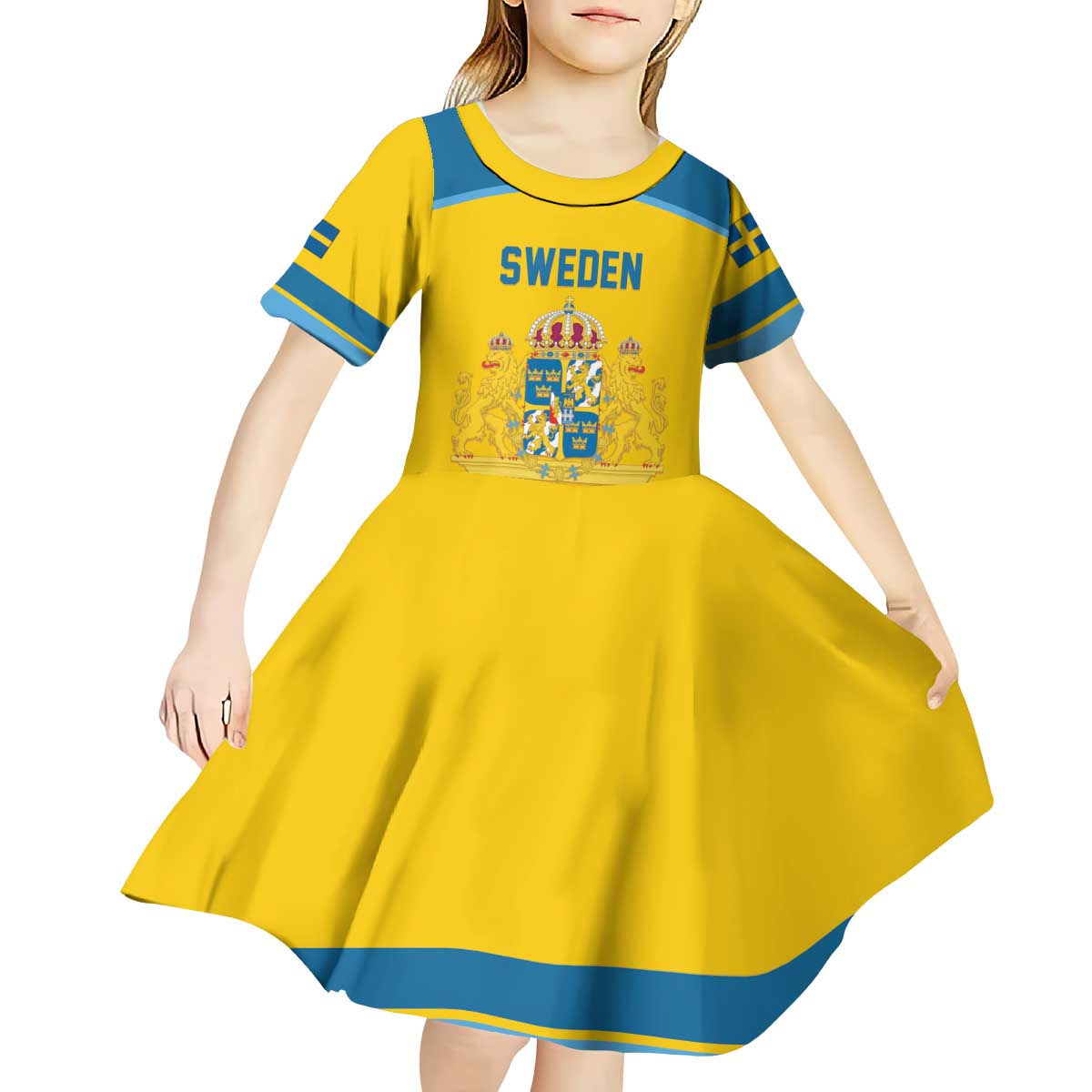 Sweden Ice Hockey Custom Kid Short Sleeve Dress Swedish Coat of Arms Design
