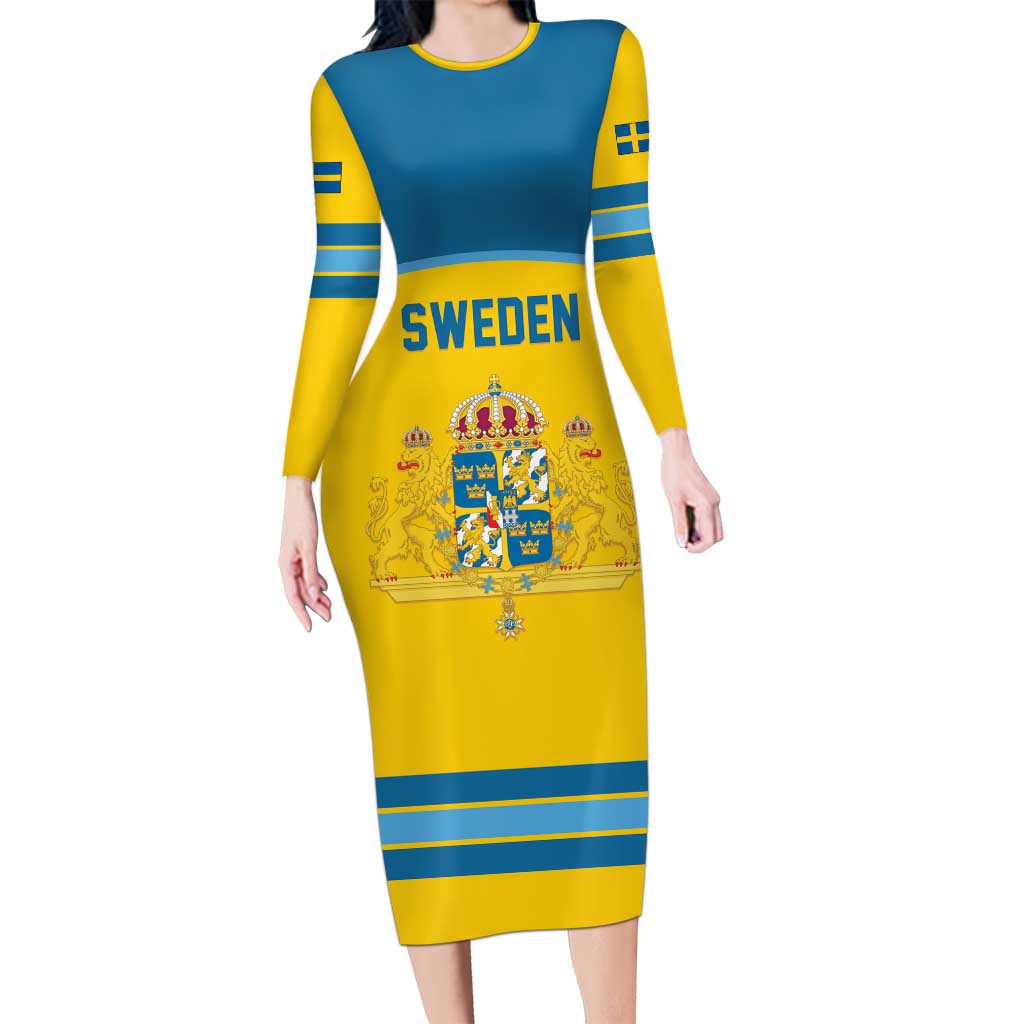 Sweden Ice Hockey Custom Long Sleeve Bodycon Dress Swedish Coat of Arms Design