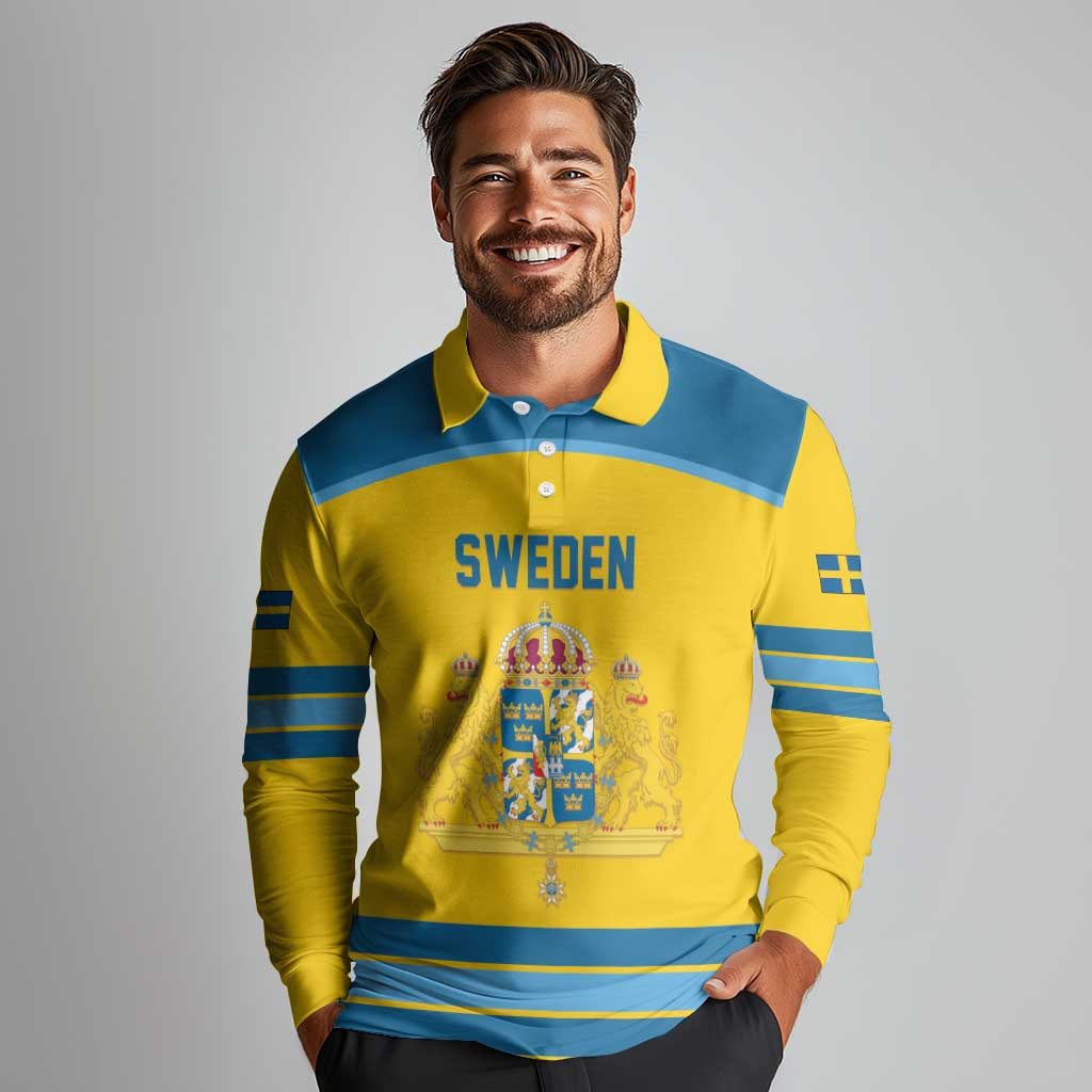 Sweden Ice Hockey Custom Long Sleeve Polo Shirt Swedish Coat of Arms Design