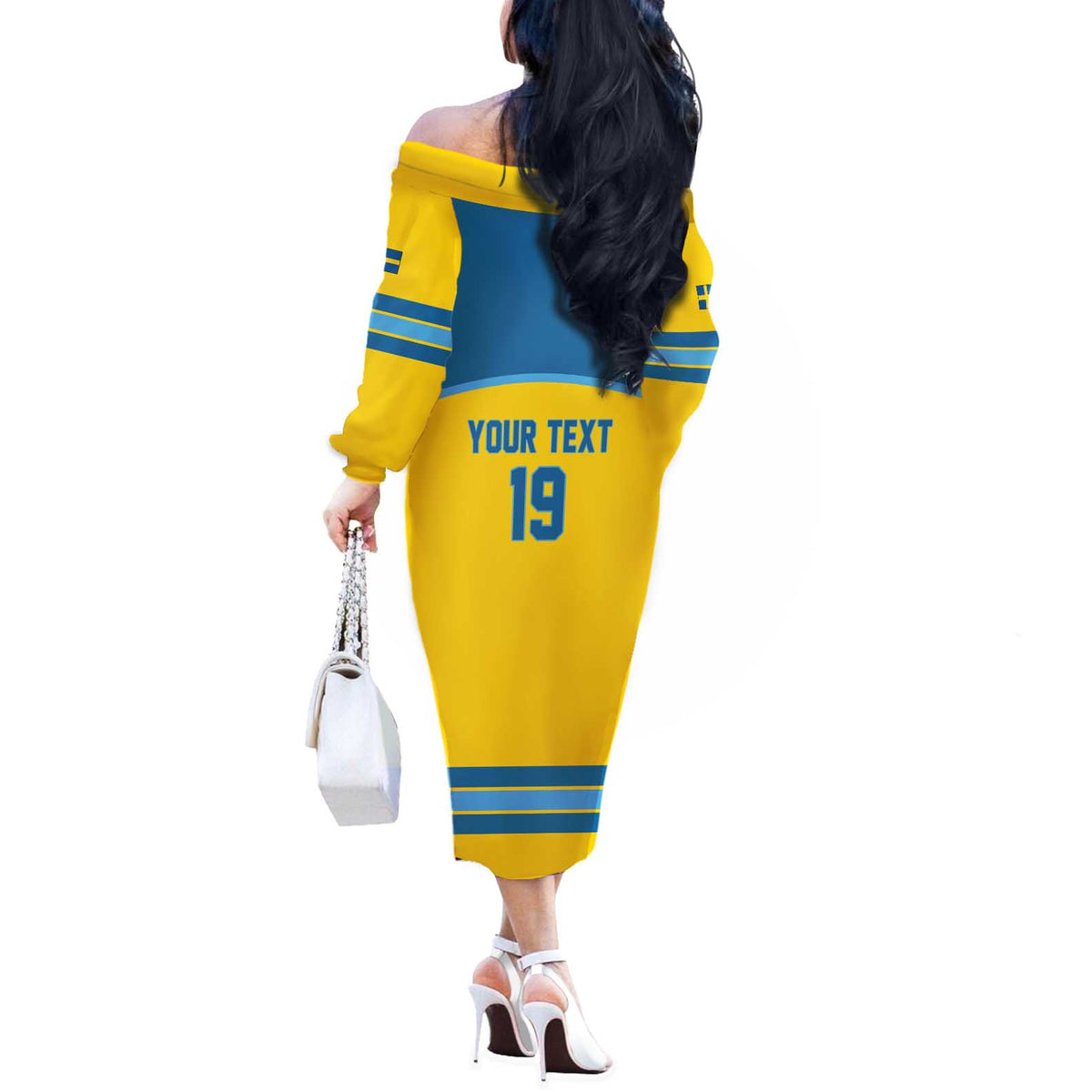 Sweden Ice Hockey Custom Off The Shoulder Long Sleeve Dress Swedish Coat of Arms Design