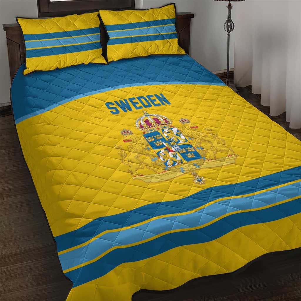 Sweden Ice Hockey Quilt Bed Set Swedish Coat of Arms Design