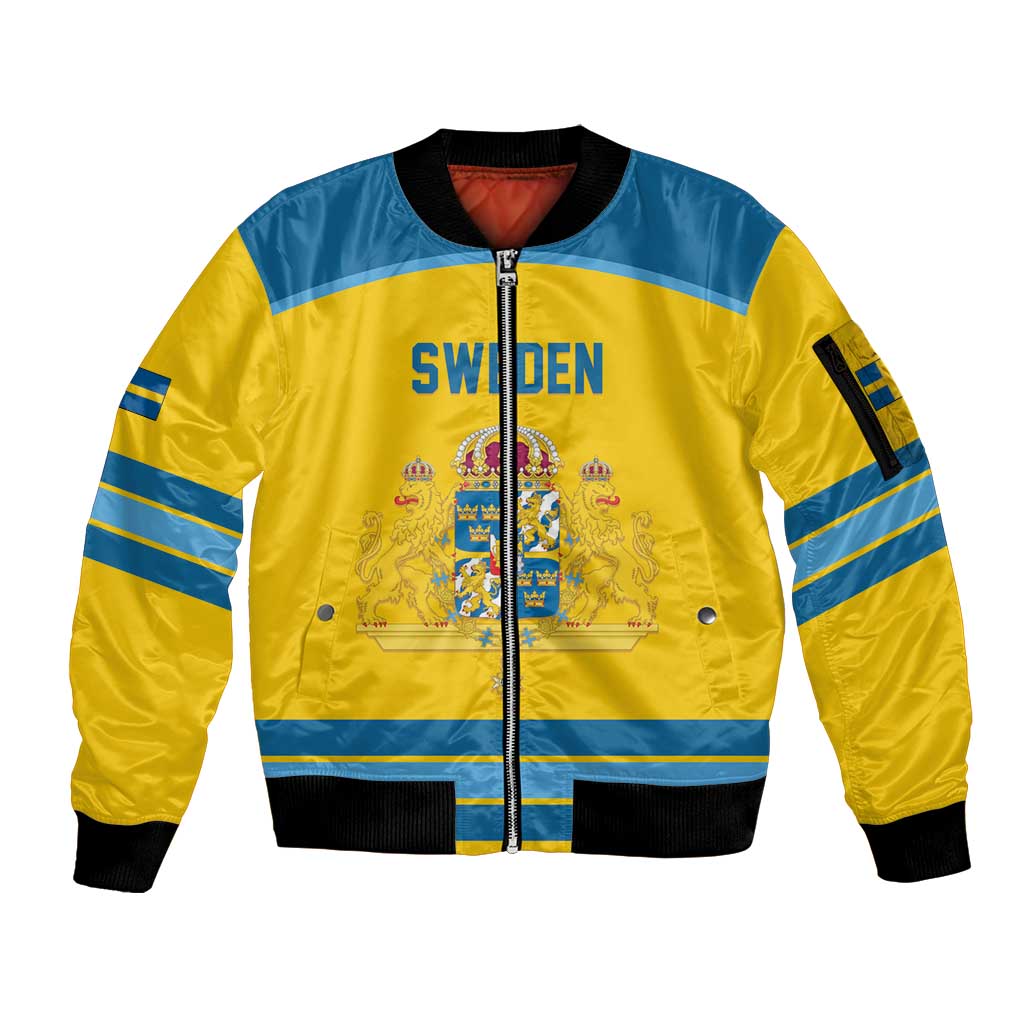 Sweden Ice Hockey Custom Sleeve Zip Bomber Jacket Swedish Coat of Arms Design