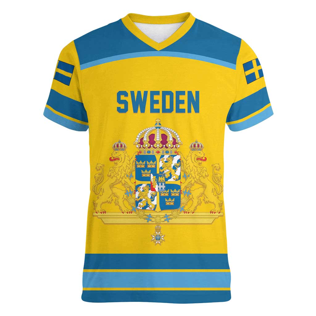 Sweden Ice Hockey Custom Women V-Neck T-Shirt Swedish Coat of Arms Design
