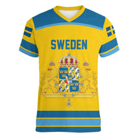Sweden Ice Hockey Custom Women V-Neck T-Shirt Swedish Coat of Arms Design