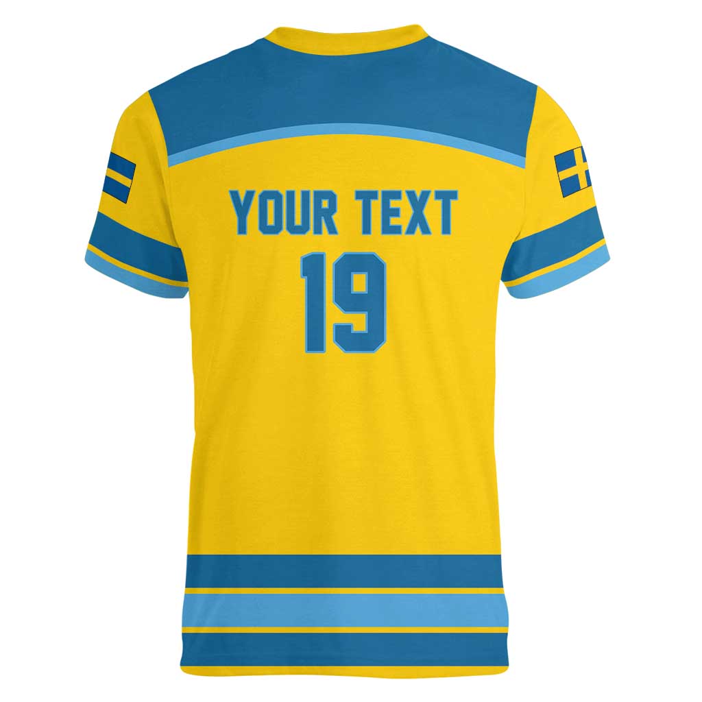Sweden Ice Hockey Custom Women V-Neck T-Shirt Swedish Coat of Arms Design