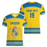 Sweden Ice Hockey Custom Women V-Neck T-Shirt Swedish Coat of Arms Design