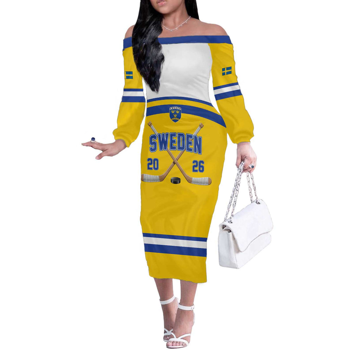 Sweden Ice Hockey Custom Off The Shoulder Long Sleeve Dress Go Tre Kronor Champions