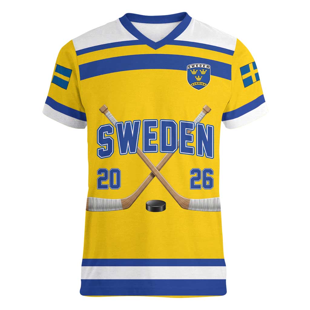 Sweden Ice Hockey Custom Women V-Neck T-Shirt Go Tre Kronor Champions