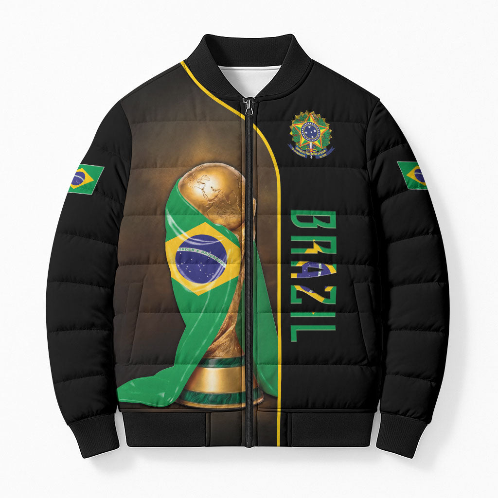 Personalized Brazil Football 2026 Bomber Puffer Jacket Trophy Flag Pride Art