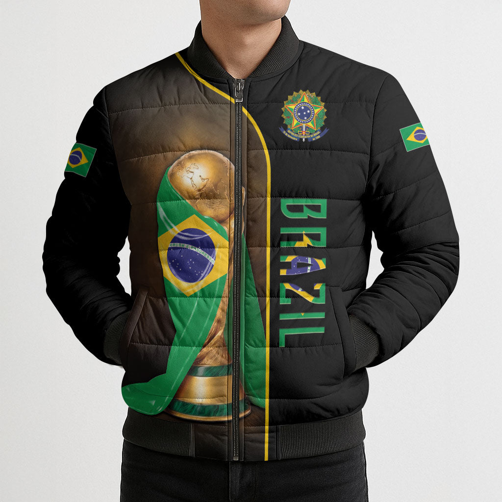 Personalized Brazil Football 2026 Bomber Puffer Jacket Trophy Flag Pride Art