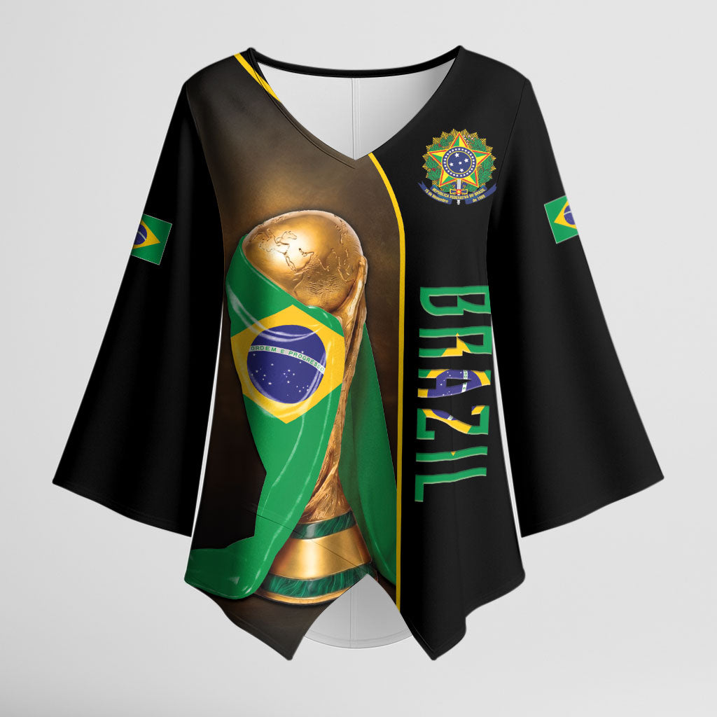 Personalized Brazil Football 2026 Kimono Sleeve Blouse Trophy Flag Pride Art