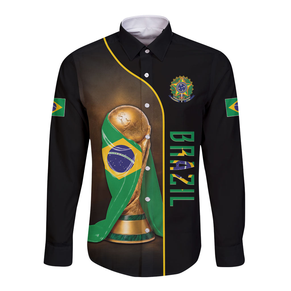 Personalized Brazil Football 2026 Long Sleeve Button Shirt Trophy Flag Pride Art