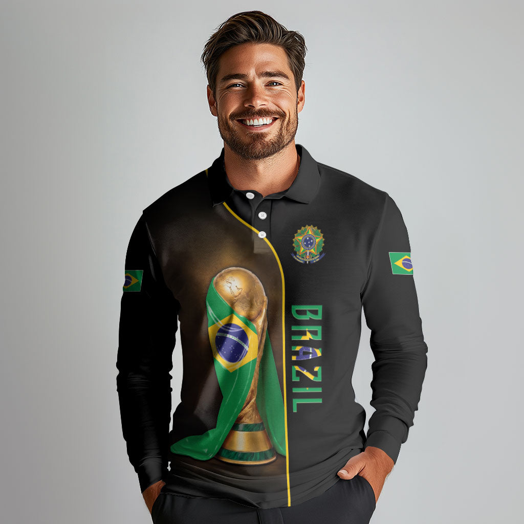 Personalized Brazil Football 2026 Long Sleeve Polo Shirt Trophy Flag Pride Art