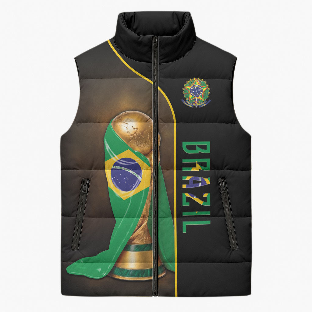 Personalized Brazil Football 2026 Sleeveless Puffer Jacket Trophy Flag Pride Art