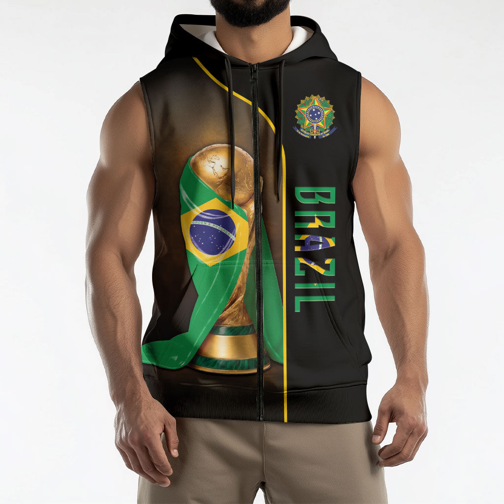 Personalized Brazil Football 2026 Sleeveless Zip Hoodie Trophy Flag Pride Art