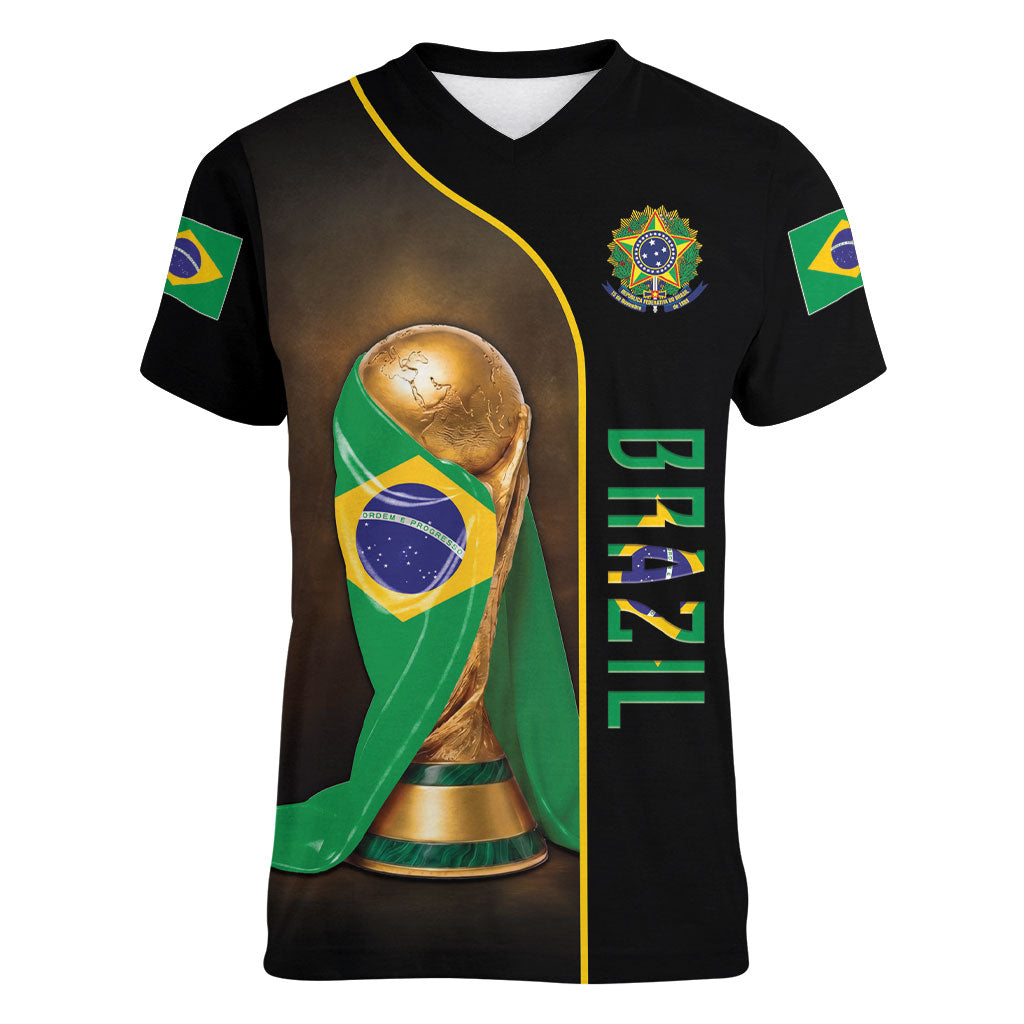 Personalized Brazil Football 2026 Women V-Neck T-Shirt Trophy Flag Pride Art