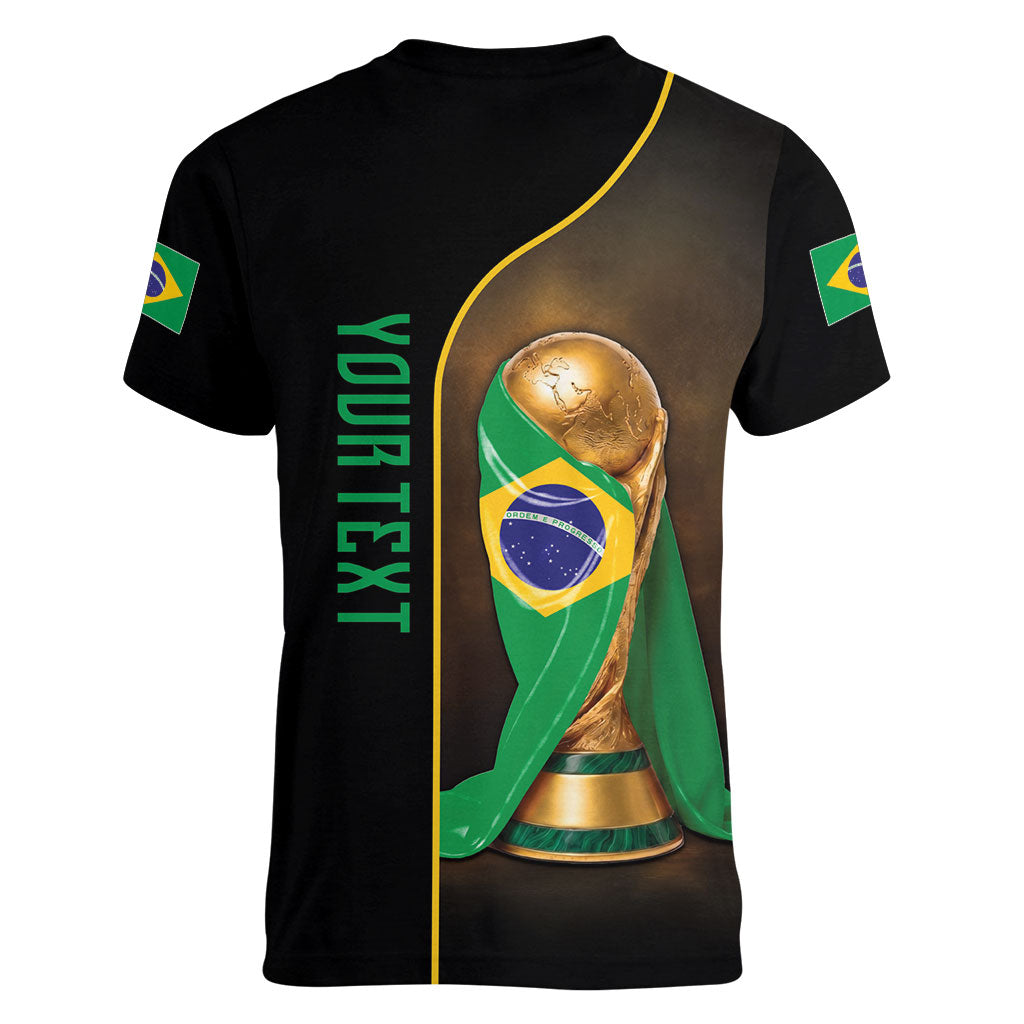 Personalized Brazil Football 2026 Women V-Neck T-Shirt Trophy Flag Pride Art