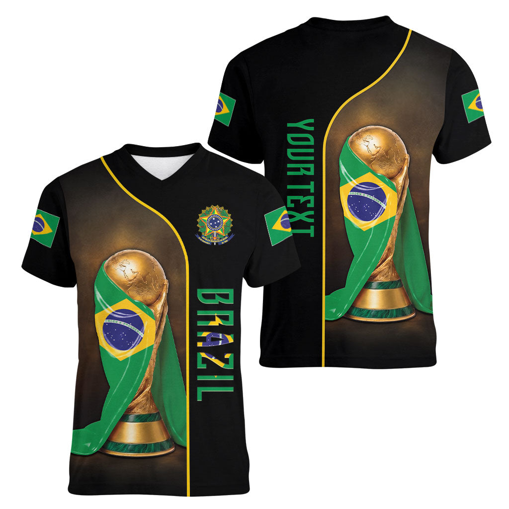 Personalized Brazil Football 2026 Women V-Neck T-Shirt Trophy Flag Pride Art