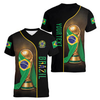 Personalized Brazil Football 2026 Women V-Neck T-Shirt Trophy Flag Pride Art