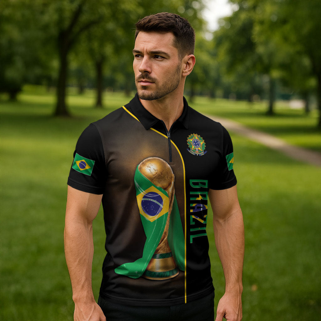 Personalized Brazil Football 2026 Zipper Polo Shirt Trophy Flag Pride Art