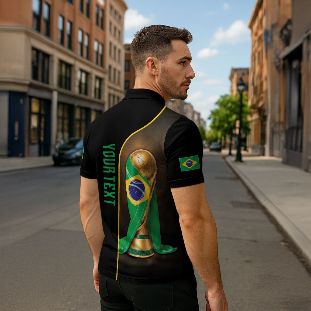 Personalized Brazil Football 2026 Zipper Polo Shirt Trophy Flag Pride Art