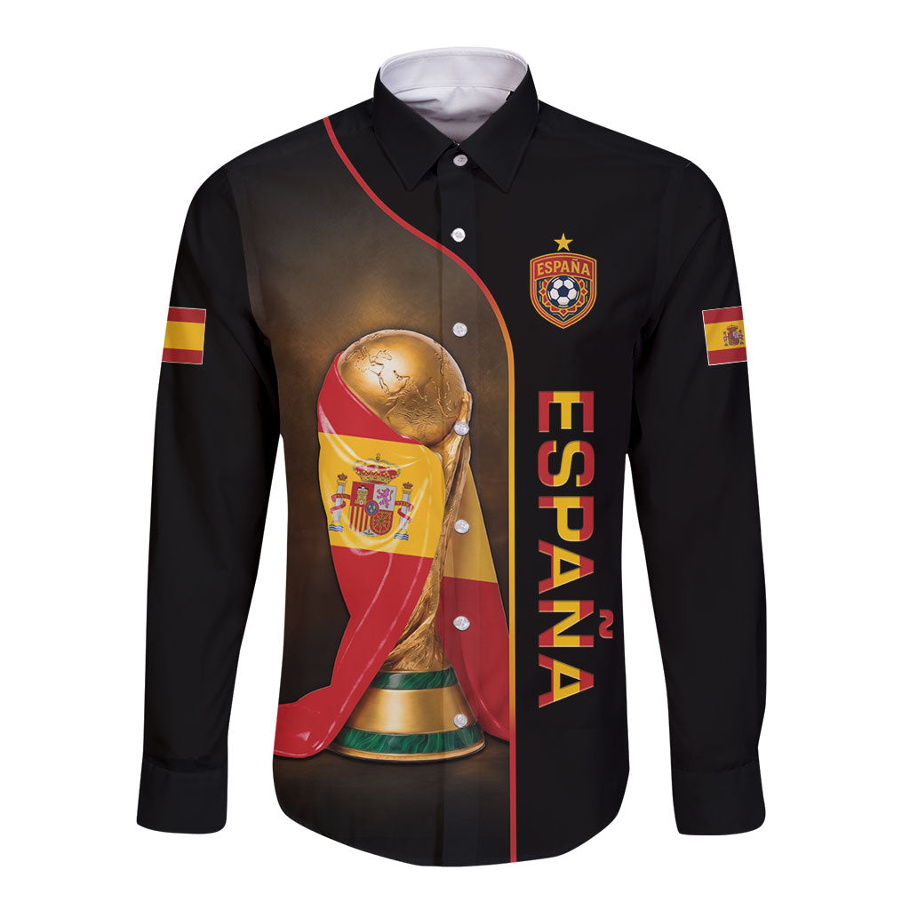 Personalized Spain Football 2026 Long Sleeve Button Shirt Trophy Flag Pride Art