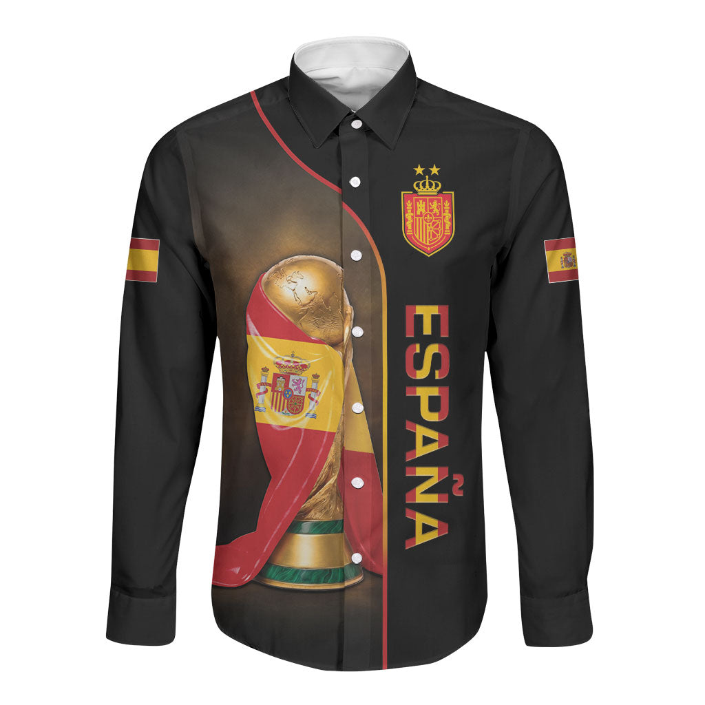 Personalized Spain Football 2026 Long Sleeve Button Shirt Trophy Flag Pride Art LT19