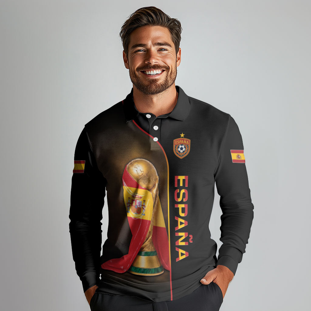 Personalized Spain Football 2026 Long Sleeve Polo Shirt Trophy Flag Pride Art