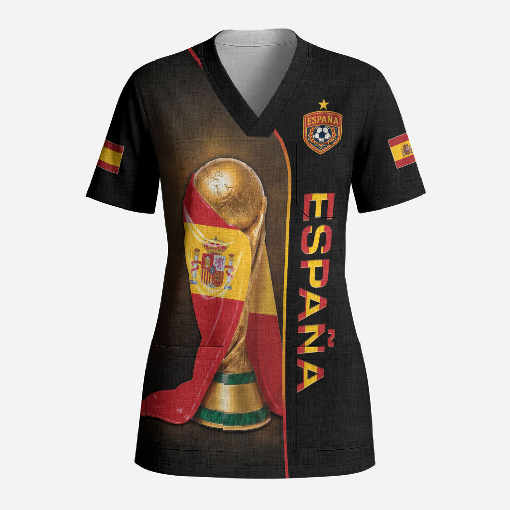 Personalized Spain Football 2026 Scrub Top Trophy Flag Pride Art