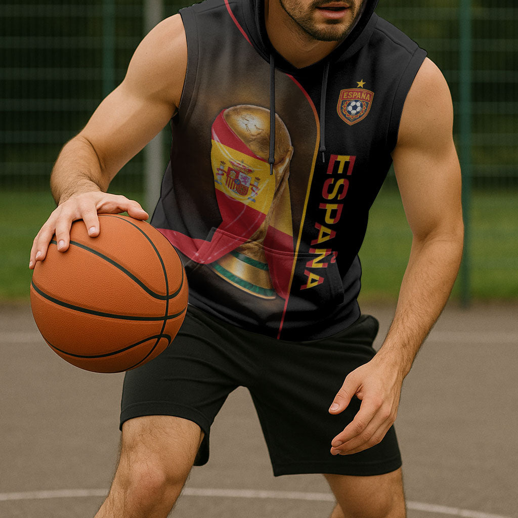 Personalized Spain Football 2026 Sleeveless Hoodie Trophy Flag Pride Art