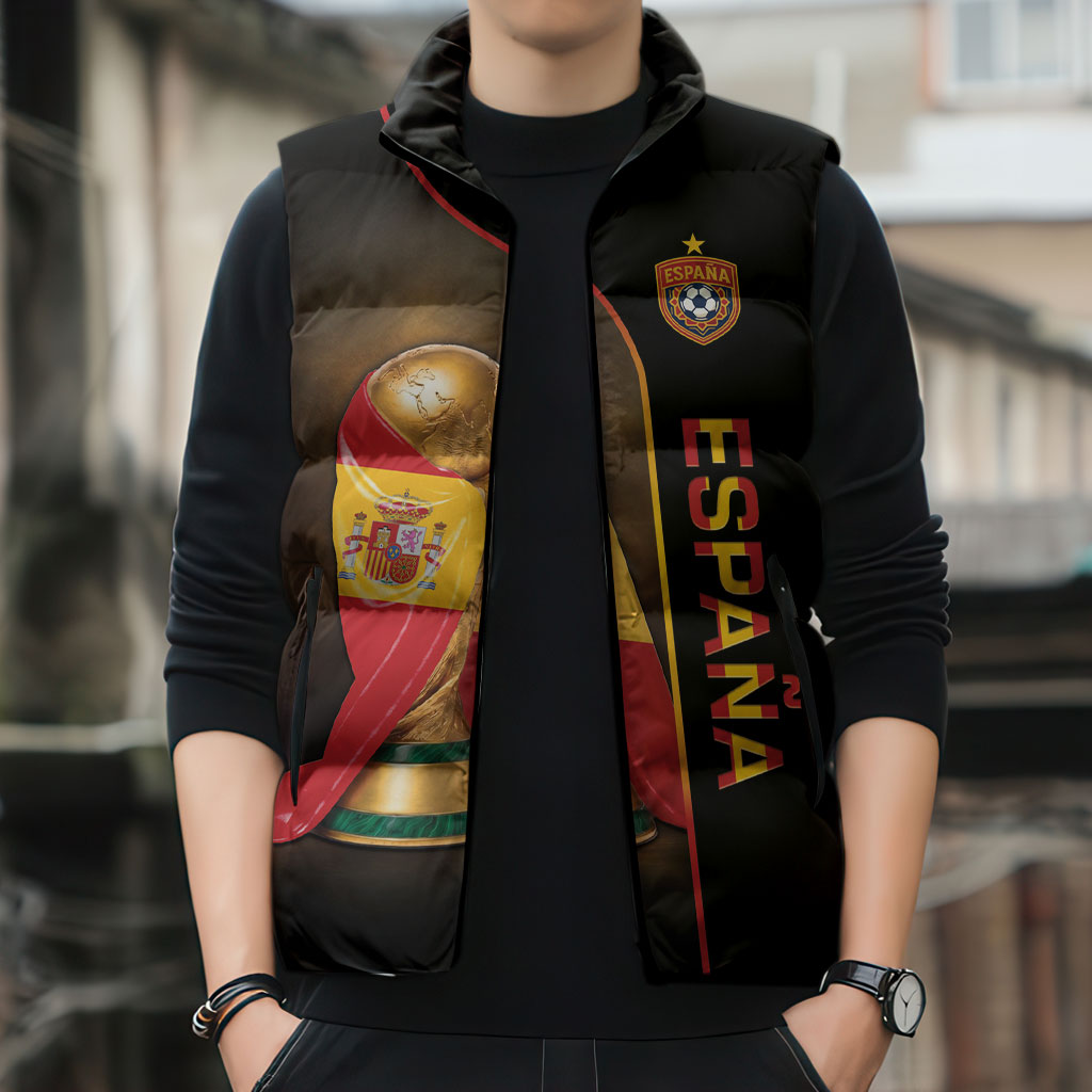 Personalized Spain Football 2026 Sleeveless Puffer Jacket Trophy Flag Pride Art