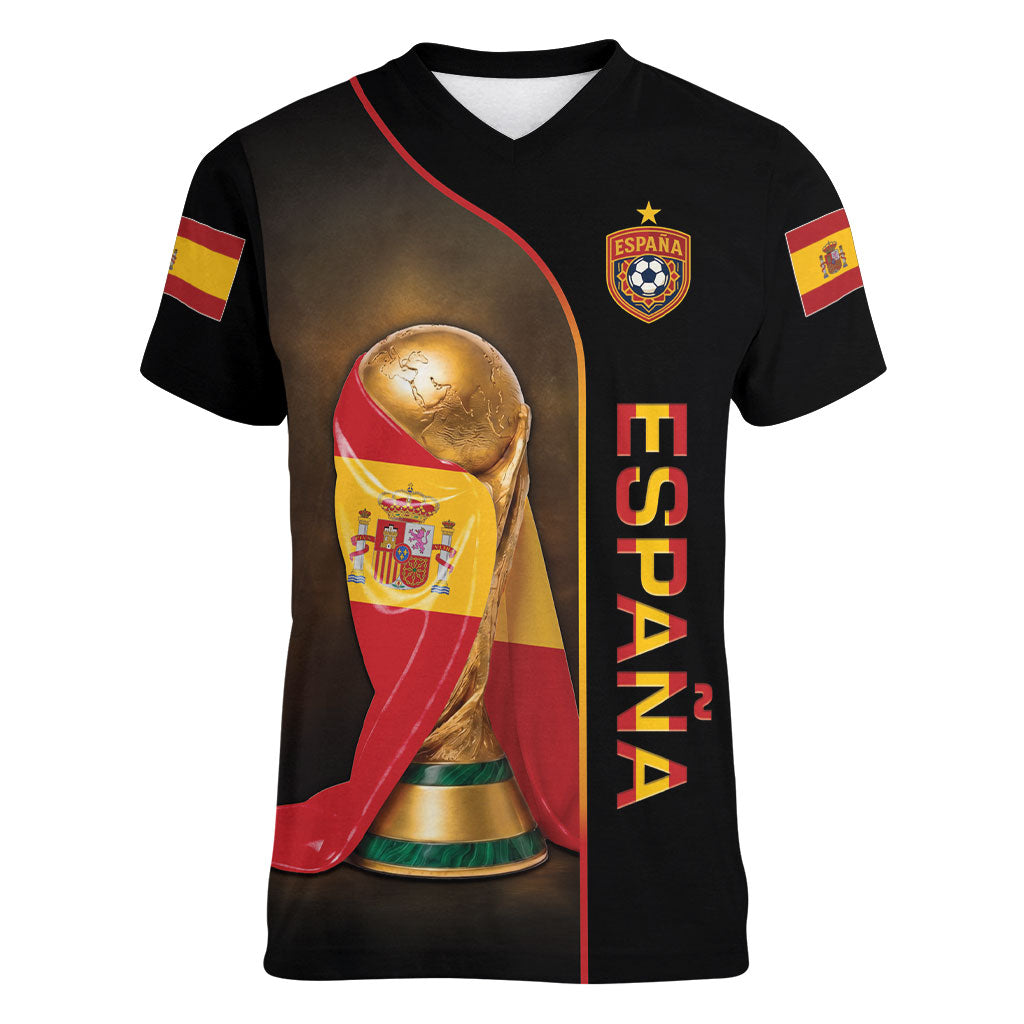 Personalized Spain Football 2026 Women V-Neck T-Shirt Trophy Flag Pride Art