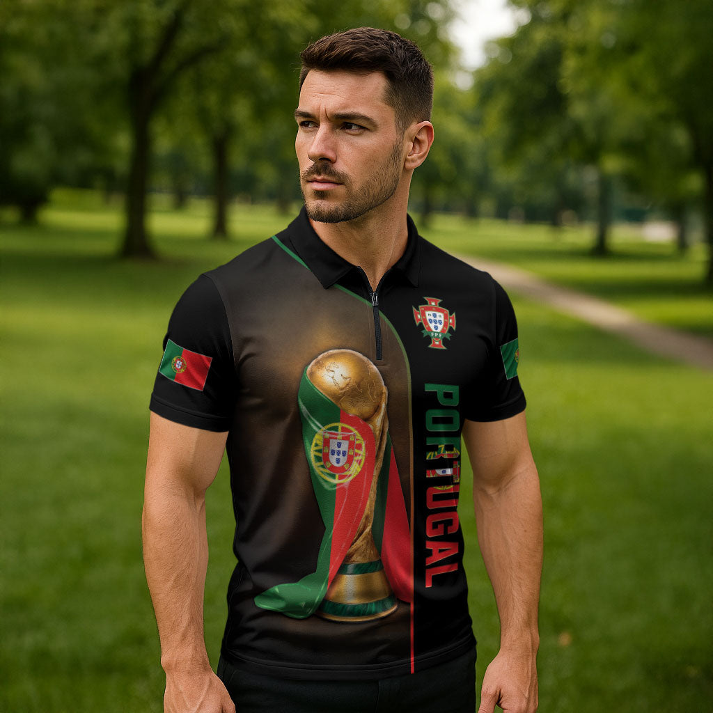Personalized Portugal Football 2026 Zipper Polo Shirt Trophy Flag Pride Art