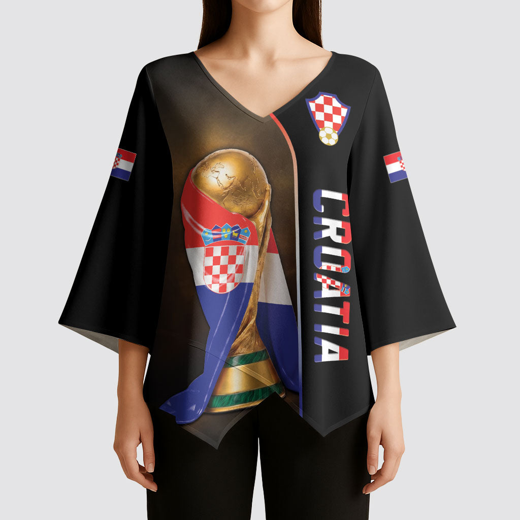 Personalized Croatia Football 2026 Kimono Sleeve Blouse Trophy Flag Pride Art
