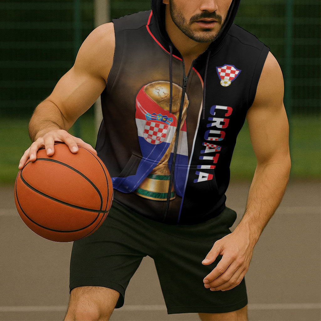 Personalized Croatia Football 2026 Sleeveless Zip Hoodie Trophy Flag Pride Art