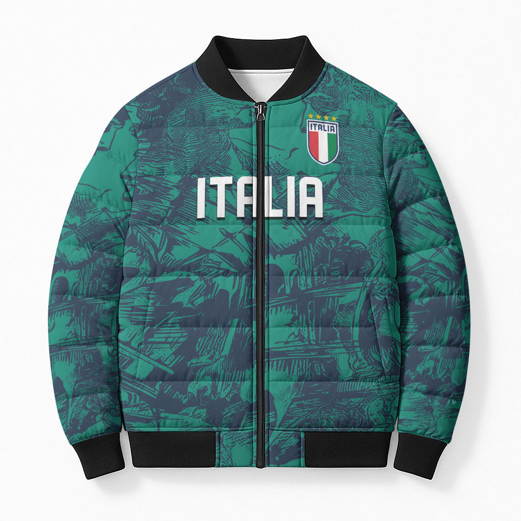 Custom Italy Football Bomber Puffer Jacket Gli Azzurri Renaissance Art Green Version