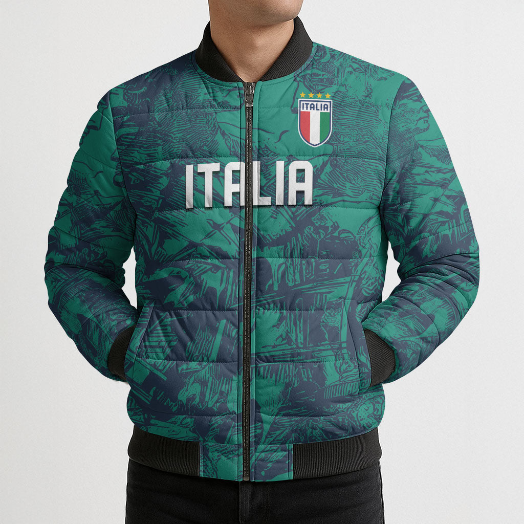 Custom Italy Football Bomber Puffer Jacket Gli Azzurri Renaissance Art Green Version