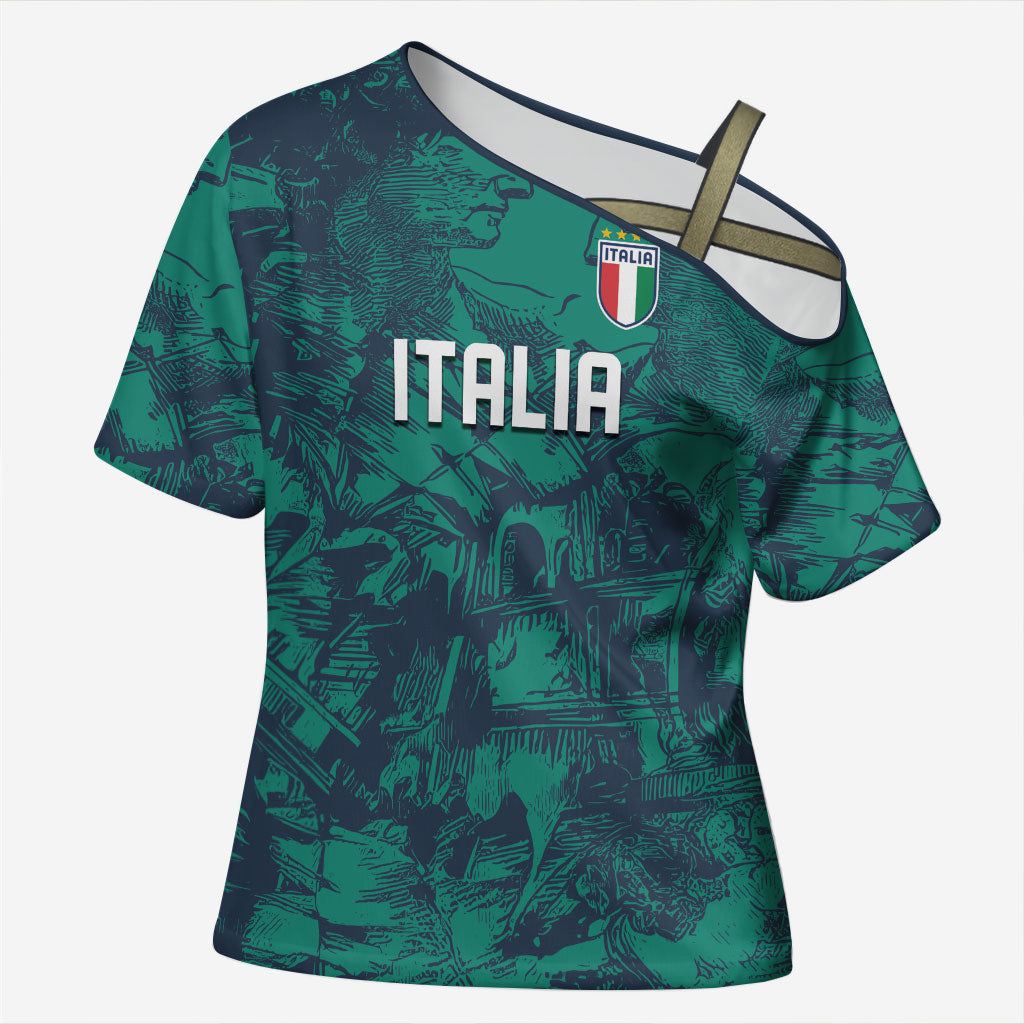 Custom Italy Football Cross Shoulder Shirt Gli Azzurri Renaissance Art Green Version
